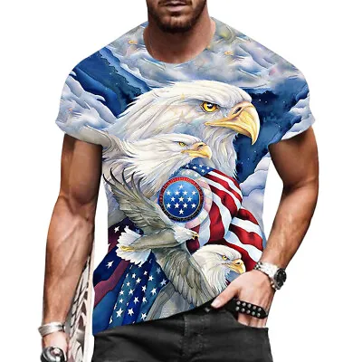 T-Shirt Men Fashion American Eagle USA Flag Short Sleeve Casual Novelty Tees • $19.86