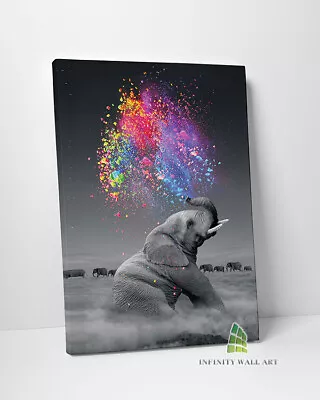 ELEPHANT Abstract Colour Splash Canvas Art Wall Art Print Decor Picture -C658 • £10.35