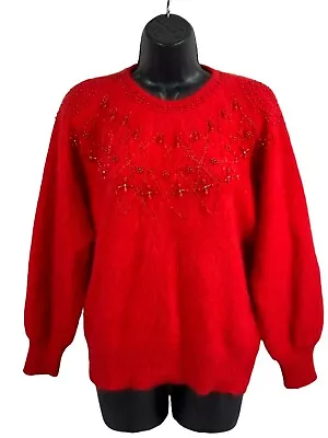 Vtg 80's Fuzzy Lux Mohair Beaded Red Pullover Sweater Sz M • $34.99