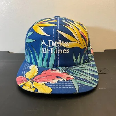 Vintage Delta Airlines Hat Cap Snapback Floral Tropical USA All Over Print • $23.96