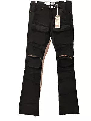 New! Bleeker Bleeker Distressed Pocketed Stacked  Jeans With Rips D611 -Black • $35.99