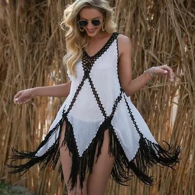 £26.69 • Buy Maxi Bikini Cover Up Knit Sleeveless Beach Blouse Fringe Tassel Summer Swimsuit