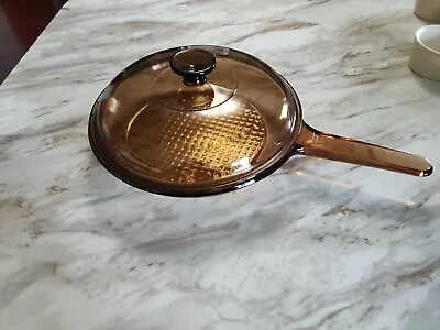 Pyrex Corning Vision Ware Amber 10” Glass Skillet With Lid Fry Pan Waffle Bottom • $30
