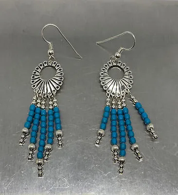 Vintage QT Turquoise 925 Sterling Silver Native Suncatcher Dangle Earrings • $39