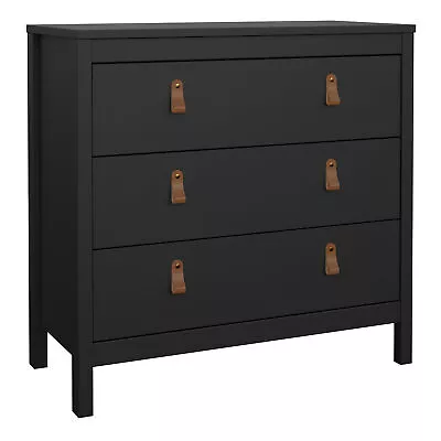 3 Drawer Matt Black Chest Modern Striking Design Brown Leather Handles Lille • £169.99