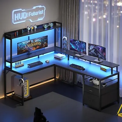 L Shaped Gaming Desk With Led Lights And Monitor Shelf 94.4  Home Office Desk • $169.97