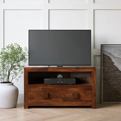 £219.44 • Buy Dakota Solid Mango Honey Corner Small Media/tv Unit Shelf Drawer Indian Wood New