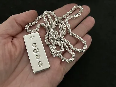 Sterling Silver Vintage Ingot Pendant With Silver Rope Chain. Heavy 69 Grams • $145.24