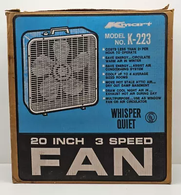 Vintage Kmart K-Mart 20” Box Fan Blue 3 Speed No K-223 Whisper Quiet W/box • $55