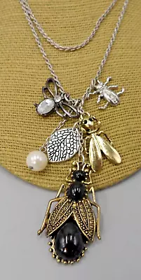 Vtg Bug Pendant Necklace Beetle Ladybug Fly Leaf Charms Faux Pearl Cabochons 31  • $10.88