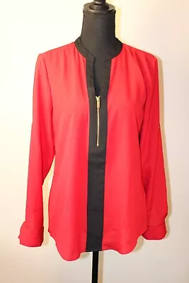 Calvin Klein Womens Striped Front Zip Long Sleeve Pullover Blouse Top Red Size S • £17.37