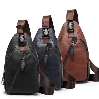 Men's Leather Sling Pack Chest Shoulder Crossbody Bag Backpack Biker Satchel • $12.81