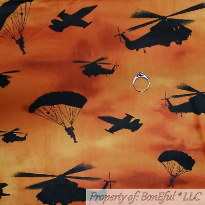 BonEful Fabric FQ Cotton Quilt Orange Red Sky Sunset USA American Plane Freedom • $10.50