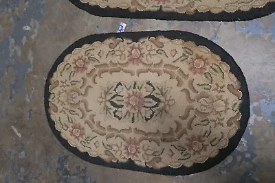 Vintage Japan 60s Hand Hooked Rug Oval Black Floral Roses 2'x4' • $175