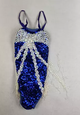 VINTAGE 1960s 60s BLUE & WHITE FRINGE SEQUINS DANCE COSTUME STYLED BY HERBET - S • $49.49