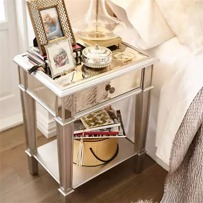 Italian Mirrored Drawer Bedside Table Glass Accent Cabinet Bedroom Lamp Table • $123.92