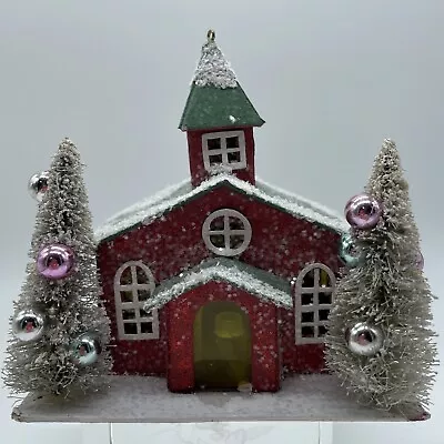 Vintage Cardboard Christmas Putz House Church C1958  Mica Bottle Brush Coconut • $65