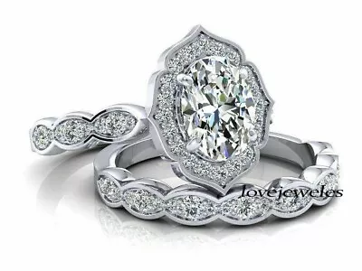 925 Silver 3CT Real Moissanite Oval Cut Fancy Halo Engagement Wedding Ring Set • $194.65