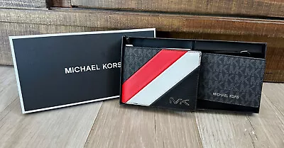 NEW Michael Kors Mens 2 Pc Signature Logo & Stripe Wallet W Passcase Boxed Set • $39.95