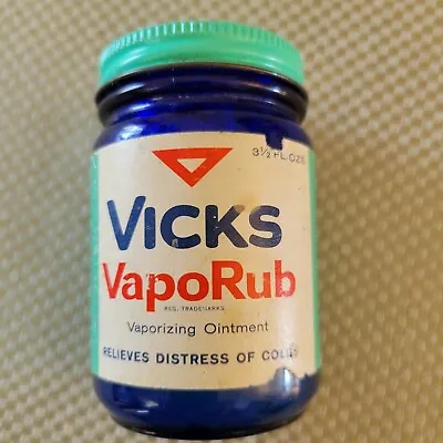 VICKS VapoRub Vintage Cobalt Blue Glass Metal Cap 3.1 Oz  • $15