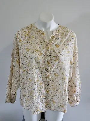 J Crew Sheer Yellow Floral Print Button Front Long Sleeve Cotton Tunic Size M • $12.99