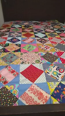 Vintage HAND STITCHED Cotton  SQUARE IN A SQUARE   Quilt Top 82 X 98 Unfinished • $36