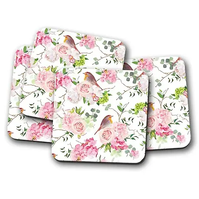 £7.99 • Buy 4 Set - Beautiful Robins Coaster - Pink Roses Flowers Pretty Floral Gift #15920
