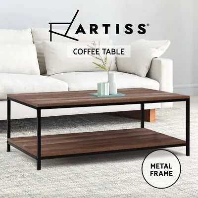 Artiss Coffee Table Wooden Rustic Vintage Storage Shelf Metal Frame Black • $75.95