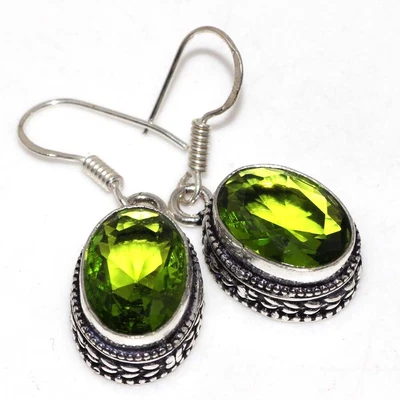 $4.99 • Buy 925 Silver Plated-Peridot Ethnic Vintage Gemstone Earrings Jewelry 1.5  JW