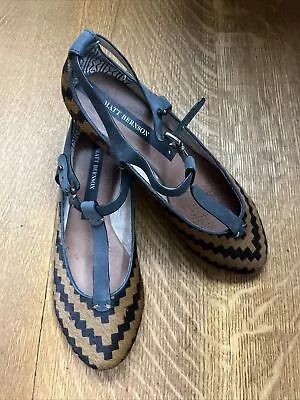 Matt Bernson MB Leather Geometric Brown Black Tan Toe T-Strap Flats Shoes  Sz 9 • $14.99