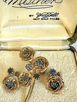 Vintage Van Dell Floral Blue Sapphire Brooch Clip On Earrings Set 14k Gold Fill • $19.99