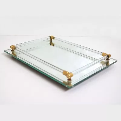 MCM Hollywood Regency Vintage Mirrored Vanity Tray Gold Footed Lucite 8” X 11” • $17.99