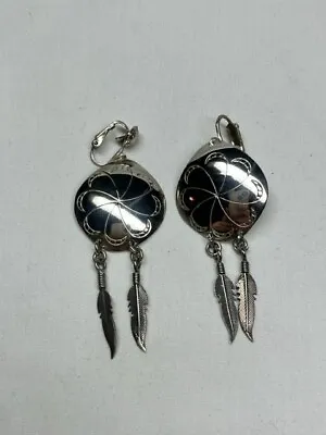 Native American Navajo Sterling Silver Dangly Feather Earrings Signed G • £51.37