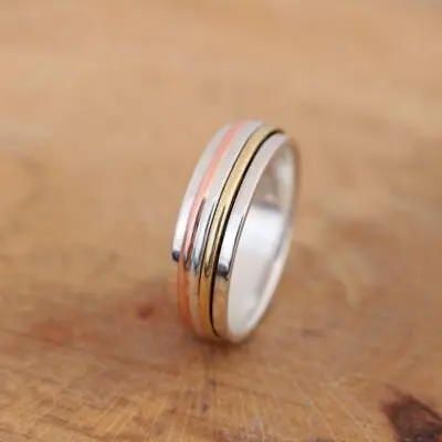 £19.95 • Buy 925 Sterling Silver Brass Copper Tri Colour Spinning Worry Band Ring 7mm Thumb