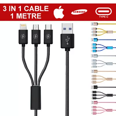 Universal 3 In 1 Multi USB Cable Charger Lead For IOS Samsung Phone • £2.99