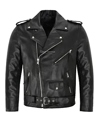 Mens Brando Leather Jacket Motorcycle Black Cowhide Marlon Biker Jacket • £76.50