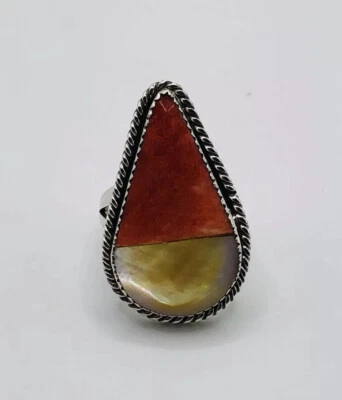 $350 • Buy Vintage Navajo V. Hicks Sterling Mother Of Pearl Coral Statement Ring 