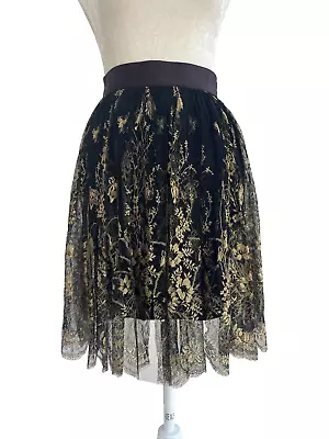 Vtg Zang Toi Black 100% Silk Knee Length Skirt W/Black&Gold Lace Overlay Sz 4 • $95