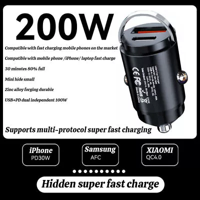200W 2 In1 Car Charger USB A Type C Flash Charger Mini Pull Ring Car Charger • $2.99