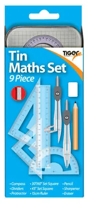 9 Piece Maths Set In Metal Pencil Case Tin - Ruler Compass Set Square Etc • £5.49