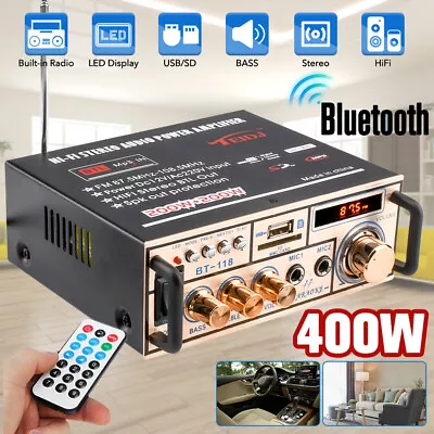 Bluetooth Digital Power Amplifier Stereo HIFI Audio 2CH 2MIC USB FM Remote 400W • £28.49