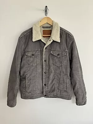 Levi’s Sherpa Trucker Jacket Vintage Grey Corduroy Cream Fur Medium • $55.94