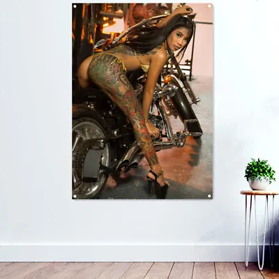 Sexy Tattoo Girl Motorcycle Wall Paintings Repair Shop Garage Decor Banner Flag • $26.95