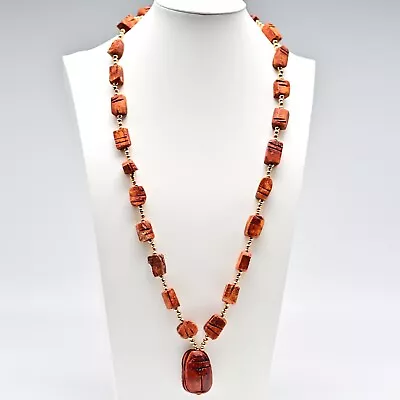Vintage Original East India Red Agate Carnelian Gemstone Pendant Estate Necklace • $422.50