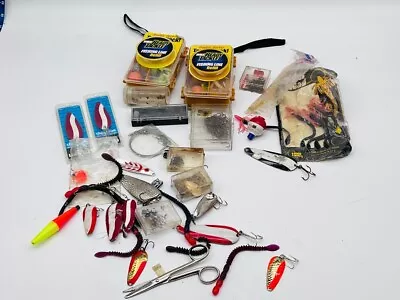 LOT Vintage Fishing Hooks Lures Tackle Box Supplies Line Bobbers Red White Black • $42.99