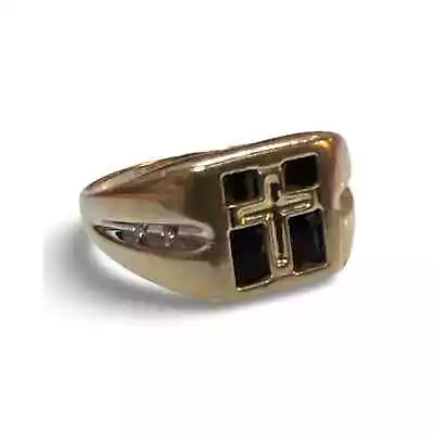 Vintage 14k Solid Yellow Gold Onyx Cross Religious Mens Ring • $339