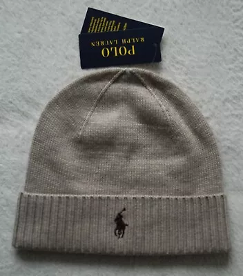 Ralph Lauren 100% Wool Logo Beanie Hat Knitted One Size Natural Oatmeal BNWT • £35