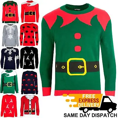 Mens Christmas Xmas Elf Santa Helper Belted Fancy Costume Knitted Sweater Jumper • £13.99