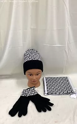 Michael Kors Black & White Logo Knit 3-Piece Scarf Hat & Gloves Set - Size O/S • $19.99