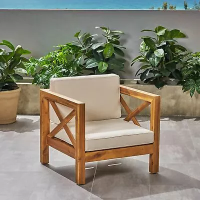 Indira Outdoor Acacia Wood Club Chair With Cushion • $307.75